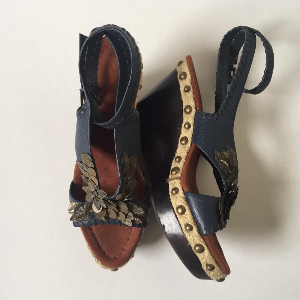 Sam Edelman Wedges Blue Gold Leaf Jute Studded S8